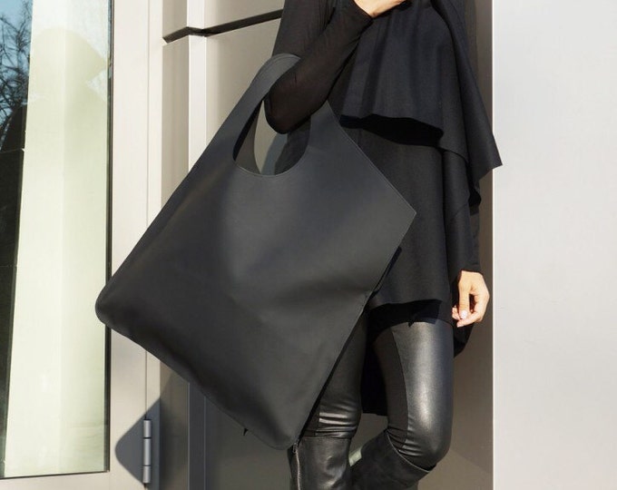 NEW Genuine Leather Matt Black Bag / High Quality  Tote Asymmetrical  Large Bag by AAKASHA A14552