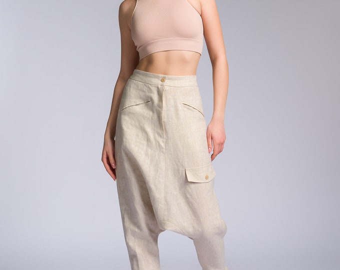 Linen Drop Crotch Pants with Decorative Flap Pocket A92258