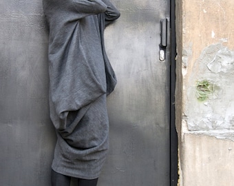 Oversize Dark Grey Loose Casual Top / Asymmetric Raglan Long Sleeves Tunic Knit Top / Maxi Blouse Turtle neck Tunic A02058