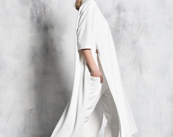 Plus Size Handmade Cotton Tunic Dress, Asymmetric Side Slits Crew neckline