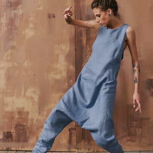 Linen Drop Crotch Jumper  Summer Linen OEKO-TEX Certified  Romper with pickets Plus Size Jumpsuit A19966