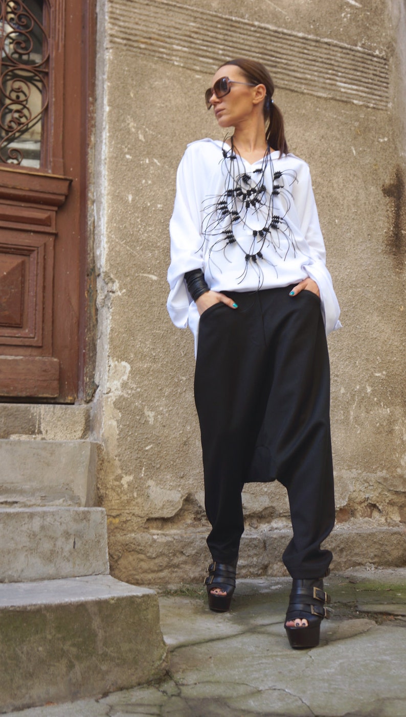 NEW Collection Black Drop Crotch Pants / Extravagant Black Cold Wool Trousers by AAKASHA A05188 zdjęcie 2