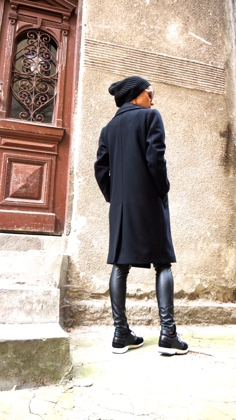 Wool Blend Black Coat, Belted Winter Jacket Lined image 5
