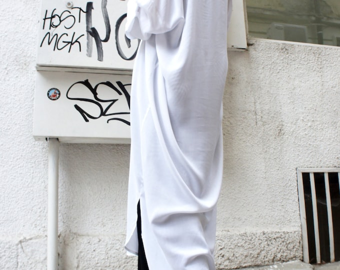 White   Long Oversize Loose  Shirt/ Asymmetric Maxi  Shirt/  Summer  Top A11123