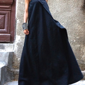 Linen Maxi Dress, Black Kaftan Linen Dress, One Shoulder Dress, Extravagant Long  Dress, Party Dress, Daywear Dress A03144