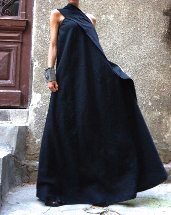 XXLXXXL Maxi Dress / Black Kaftan Linen Dress / One Shoulder | Etsy