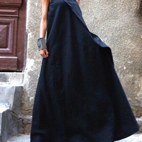 Maxi Dress / Black Kaftan Linen Dress / One Shoulder Dress / Extravagant Long  Dress / Party Dress / Daywear Dress A03144