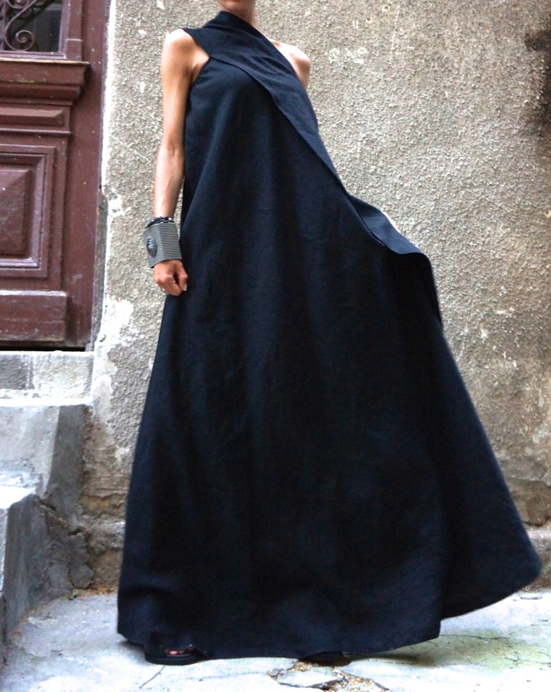 Maxi Dress / Black Kaftan Linen Dress / One Shoulder Dress / Extravagant Long  Dress / Party Dress / Daywear Dress A03144 
