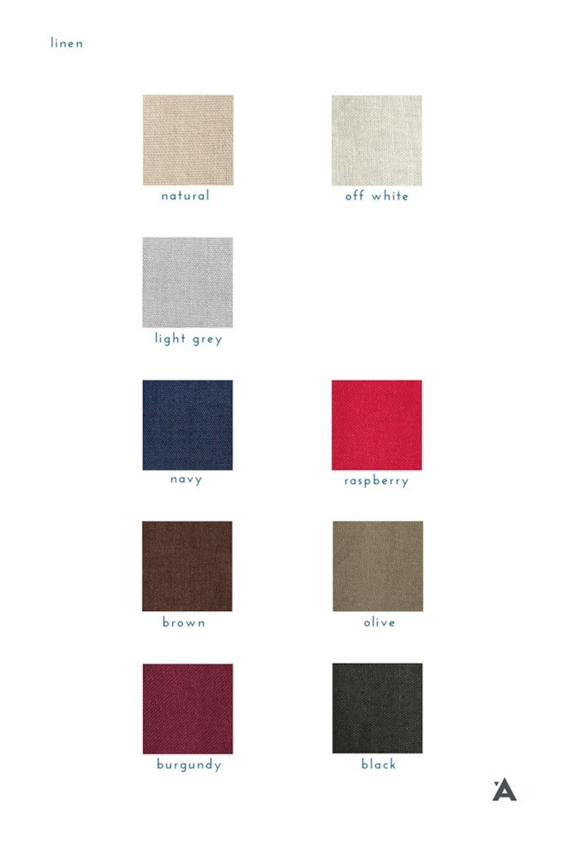 May include: Swatch cards showing different colors of linen fabric. The colors are: natural, off white, light grey, navy, raspberry, brown, olive, burgundy, and black.