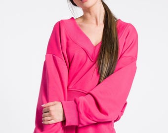 Off-Shoulder V-Neck Cotton Sweatshirt – Sexy Loose Fit Top, Handmade by AAKASHA