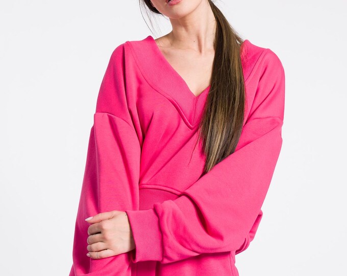Off-Shoulder V-Neck Cotton Sweatshirt – Sexy Loose Fit Top, Handmade by AAKASHA