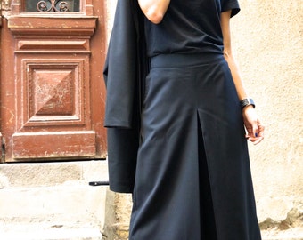 High Waist Wool Wide Leg 7/8 Trousers - Black Loose Harem Pants for Women