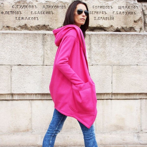 NEW Lined Warm Asymmetric Extravagant Hot Pink Hooded Coat / Quilted Lined Cotton Jacket / Thumb Holes / Outside and Inside pockets A07177