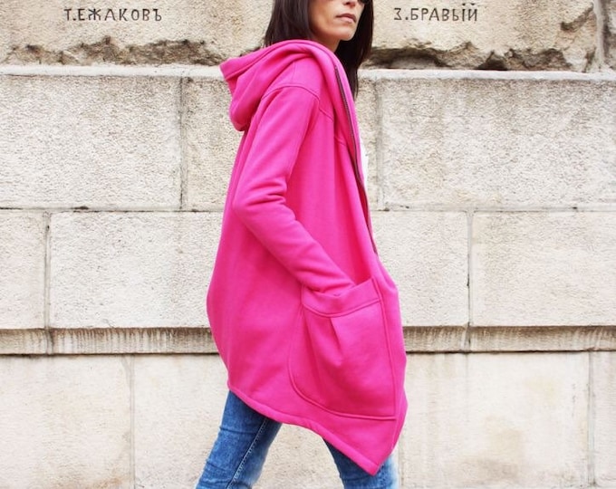 Lined Warm Coat, Asymmetric Extravagant Hot Pink Hooded Coat, Quilted Lined Cotton Jacket,  Thumb Holes, Outside and Inside pockets A07177