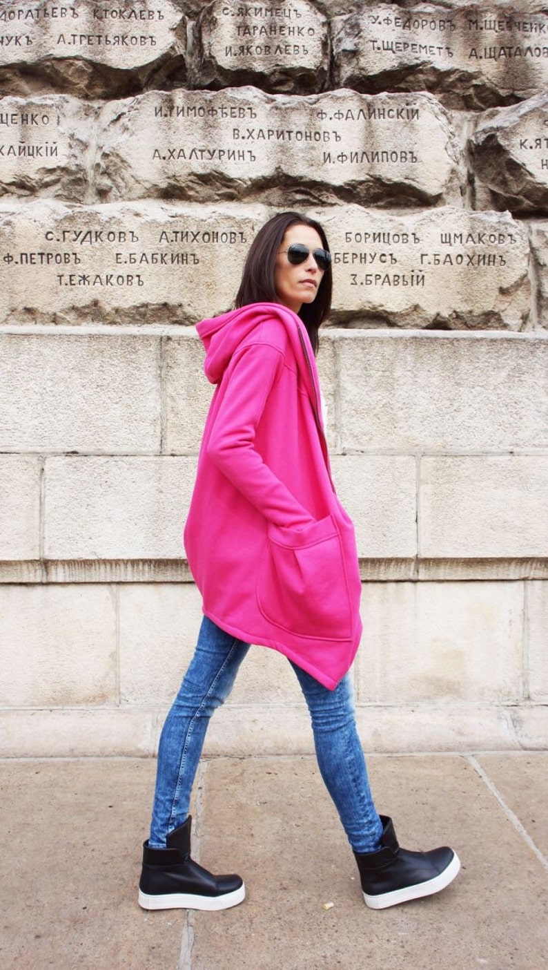 NEW Lined Warm Asymmetric Extravagant Hot Pink Hooded Coat / Quilted Lined Cotton Jacket / Thumb Holes / Outside and Inside pockets A07177 image 1