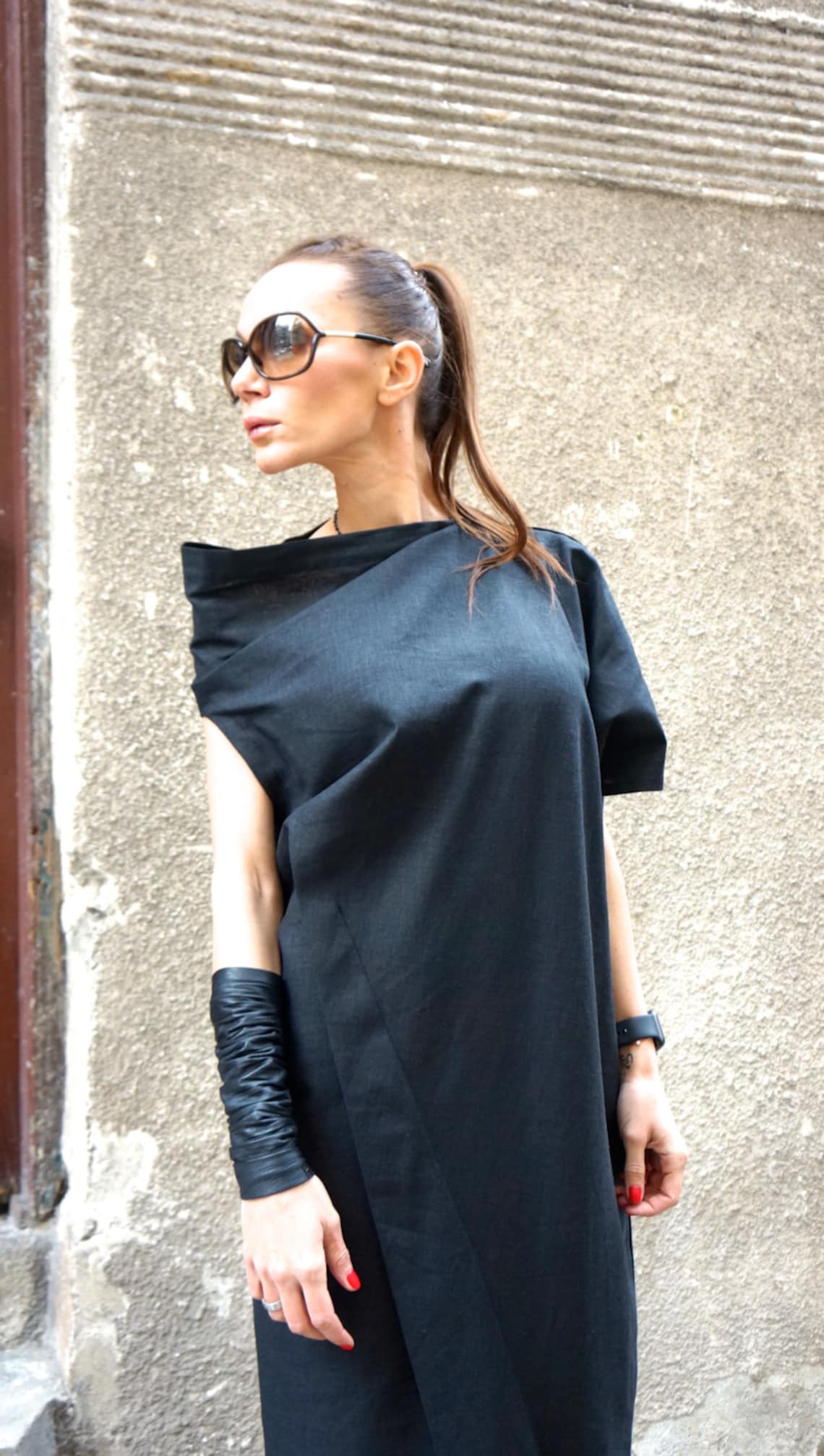 New Maxi Linen Dress / Black Kaftan Linen Dress / One Shoulder | Etsy