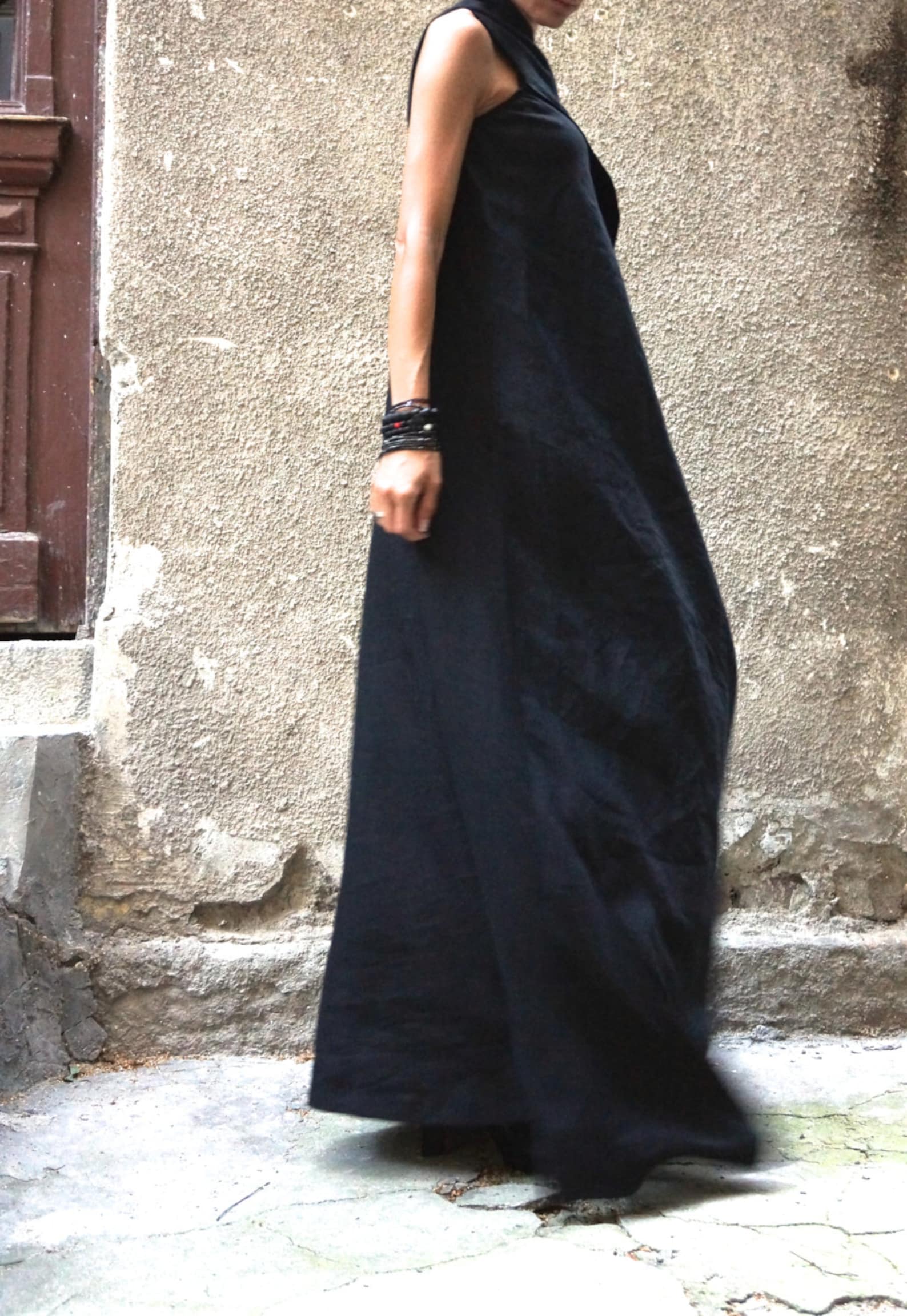 Maxi Dress / Black Kaftan Linen Dress / One Shoulder Dress / | Etsy