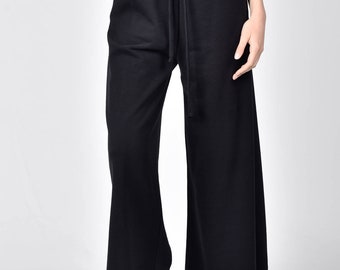 High Waist Cotton Wide Leg Pants, Cropped Culottes Side Pockets Elastic Waistband
