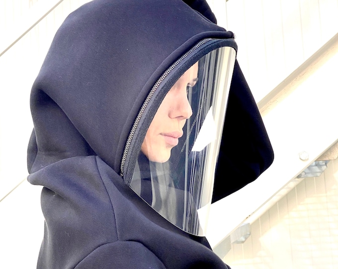 Shield Hooded Asymmetric Hoodie, Fleece Cotton Maxi Top Kangaroo Pocket