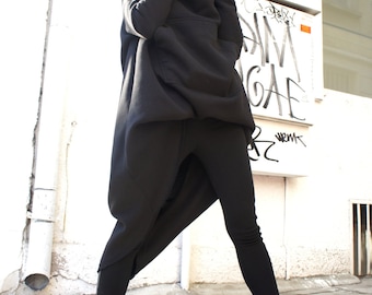 Black Extravarant Maxi Asymmetric Hoodie / Quilted Cotton Warm Top A08023