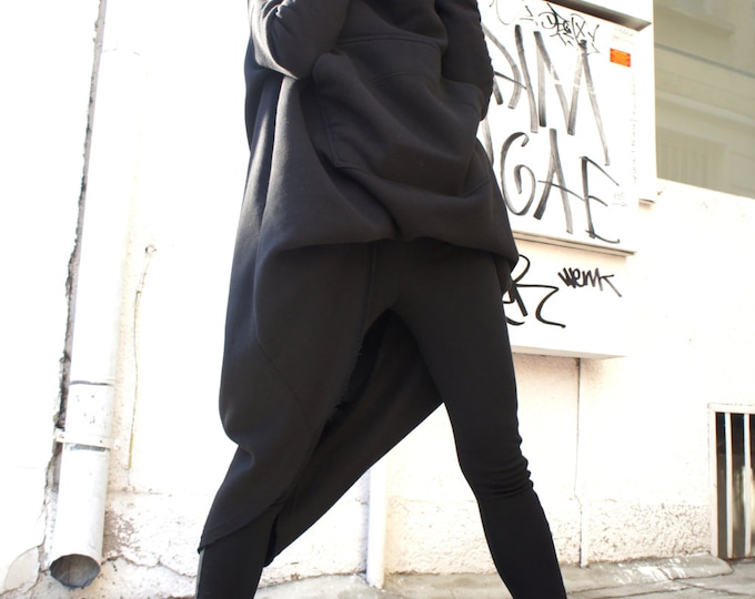 Black Extravarant Maxi Asymmetric Hoodie / Quilted Cotton Warm Top A08023