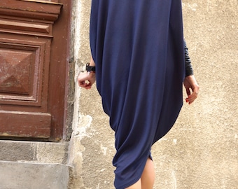 Oversized Indigo Viscose Kaftan, Asymmetric Sleeveless Tunic Top