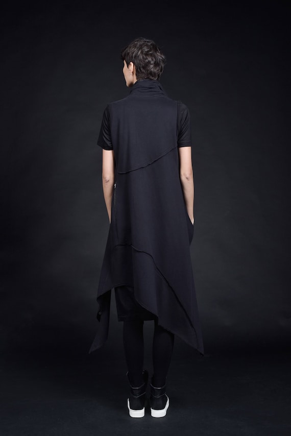 Extra Long Sleeveless Asymmetric Vest / Double Sided Zipper