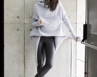 Grey Quilted Cotton Maxi Hoodie Dress, Asymmetric Warm Top with Kangaroo Pocket A08023