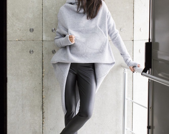 Grey Extravarant Maxi Asymmetric Hoodie / Quilted Cotton Warm  Top A08023