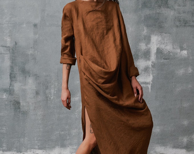 Linen Maxi Dress , Plus Size Draped Linen Oversized  Dress with Slit and pockets, Bohemian  Dress