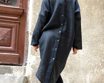 Black Long Linen Shirt / Extravagant Button Shirt /Asymmetrical shirt side pockets / Oversize  Top by Aakasha A11511