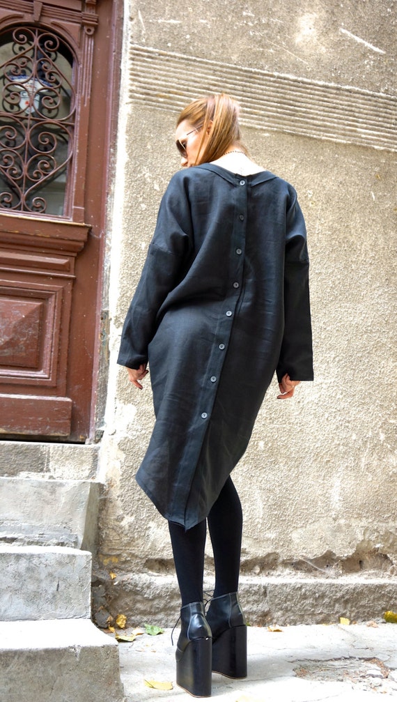 Black Linen Button Shirt Dress: Asymmetrical Oversize Top