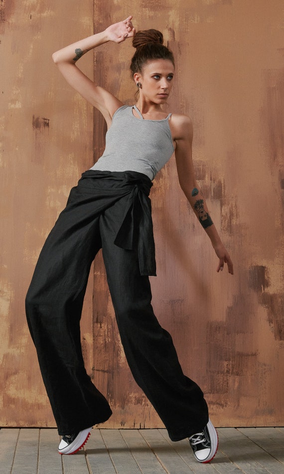 BLACK LINEN WRAP PANTS