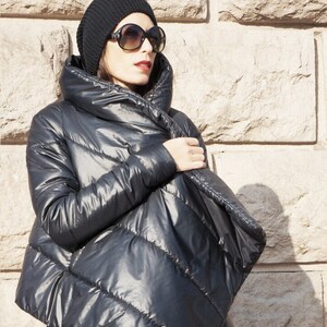 NEW Winter Warm Asymmetric Extravagant Black Coat / Waterproof Windproof Quilted Hooded Coat Side Pockes by Aakasha A07554 image 4