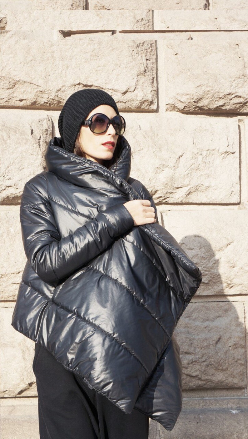 NEW Winter Warm Asymmetric Extravagant Black Coat / Waterproof Windproof Quilted Hooded Coat Side Pockes by Aakasha A07554 image 4