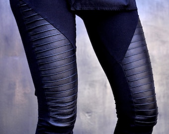 Black Extra Long Leggings / Genuine Leather Front  / Viscose Back by Aakasha A05125