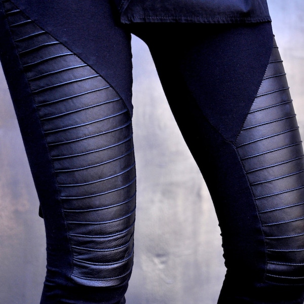 NEW COLLECTION Black Extra Long Leggings / Genuine Leather Front  / Viscose Back by Aakasha A05125