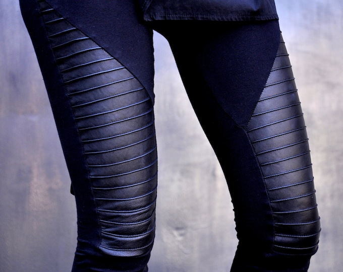 Black Extra Long Leggings / Genuine Leather Front  / Viscose Back by Aakasha A05125