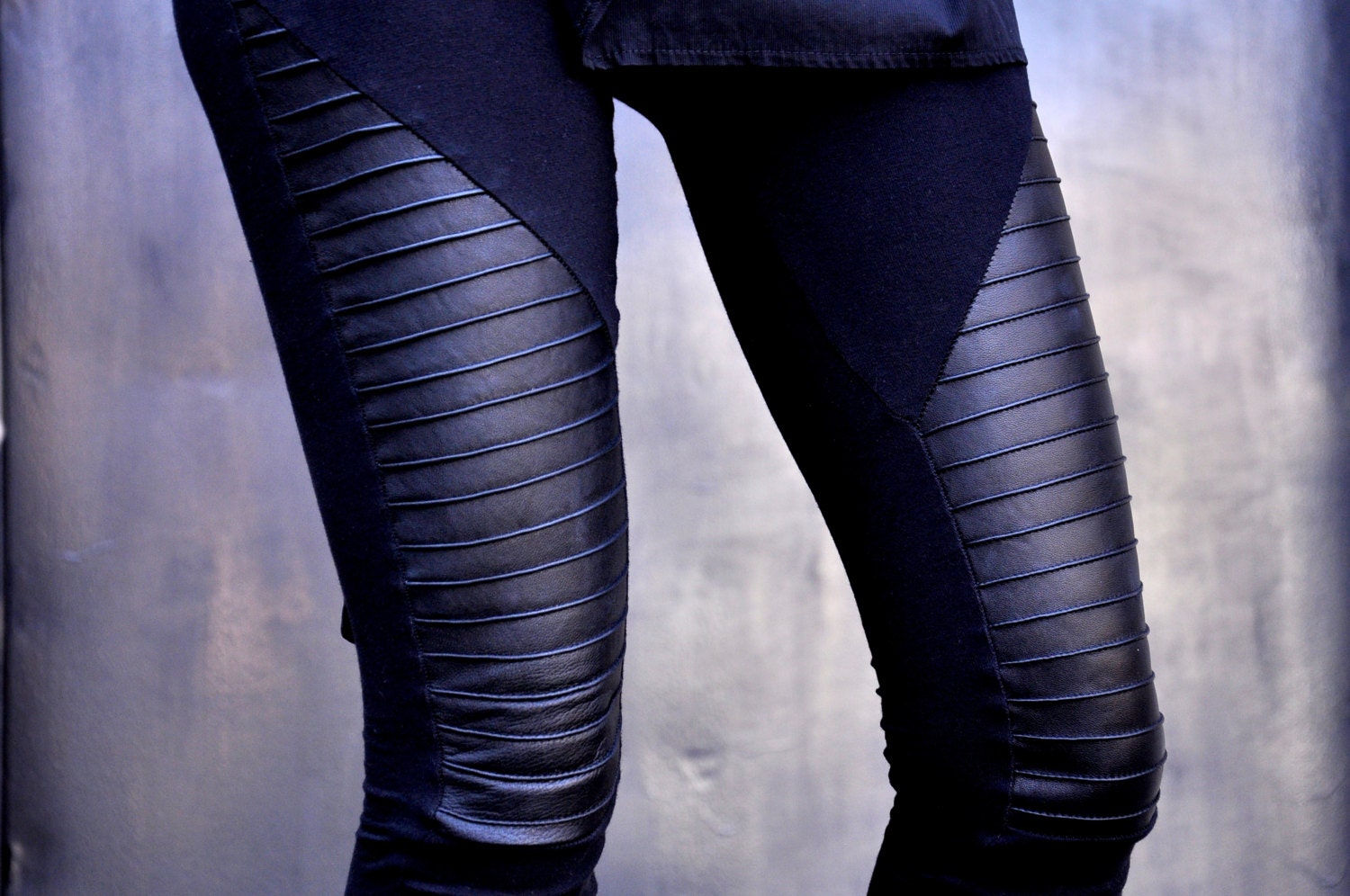 NEW COLLECTION Black Extra Long Leggings / Genuine Leather Front / Viscose  Back by Aakasha A05125 