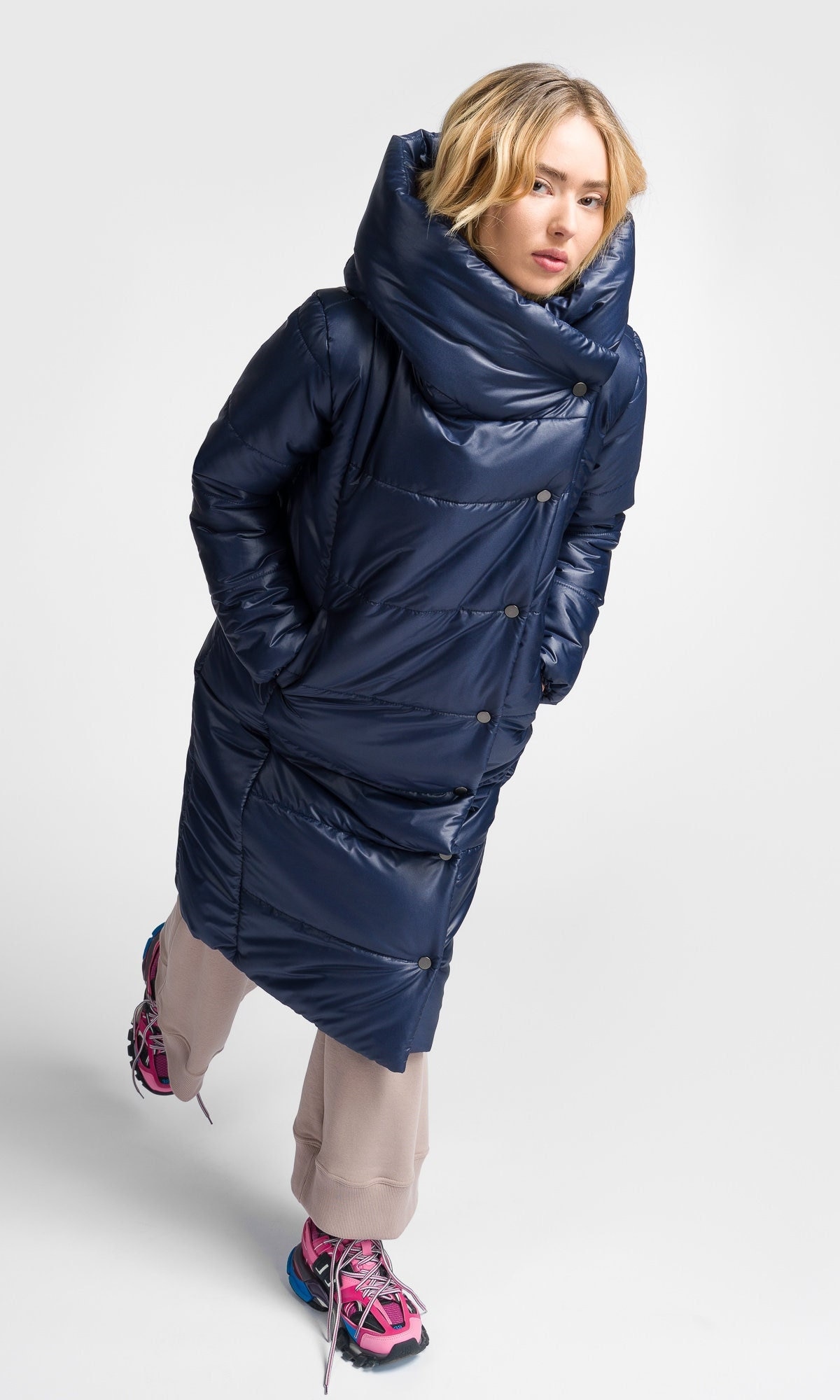 Warm Winter Hooded Jacket, Button Front Quilted Jacket with pockets A92084