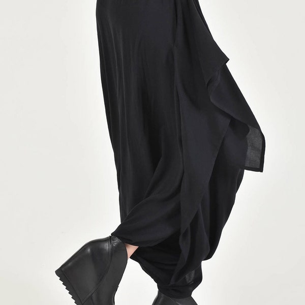 New Black Elegant Drop Crotch Pants -Skirt  / Stylish Flowing Loose maxi Pants A09791