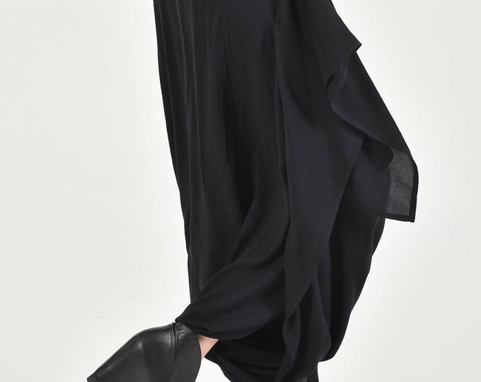 New Black Elegant Drop Crotch Pants -Skirt  / Stylish Flowing Loose maxi Pants A09791