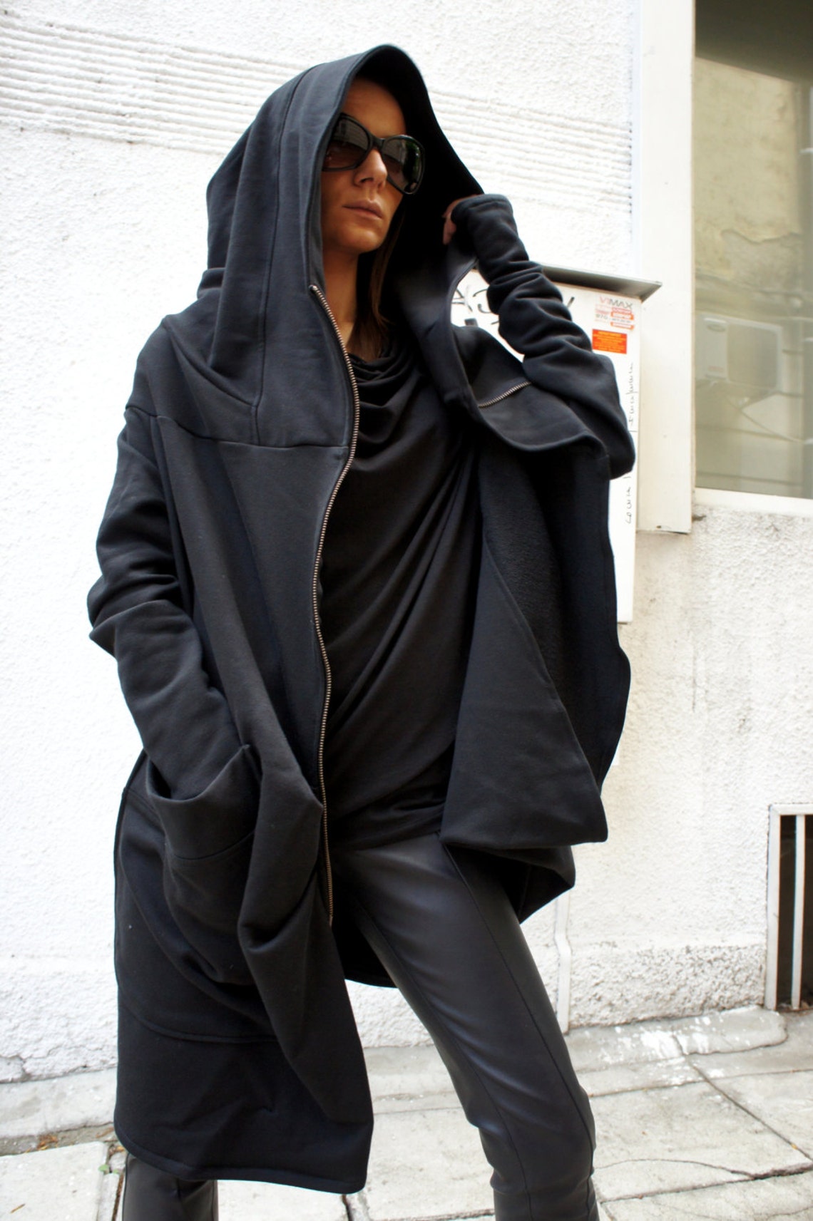 Asymmetryc Extravagant Black Hoodded Coat / Qilted Cotton | Etsy