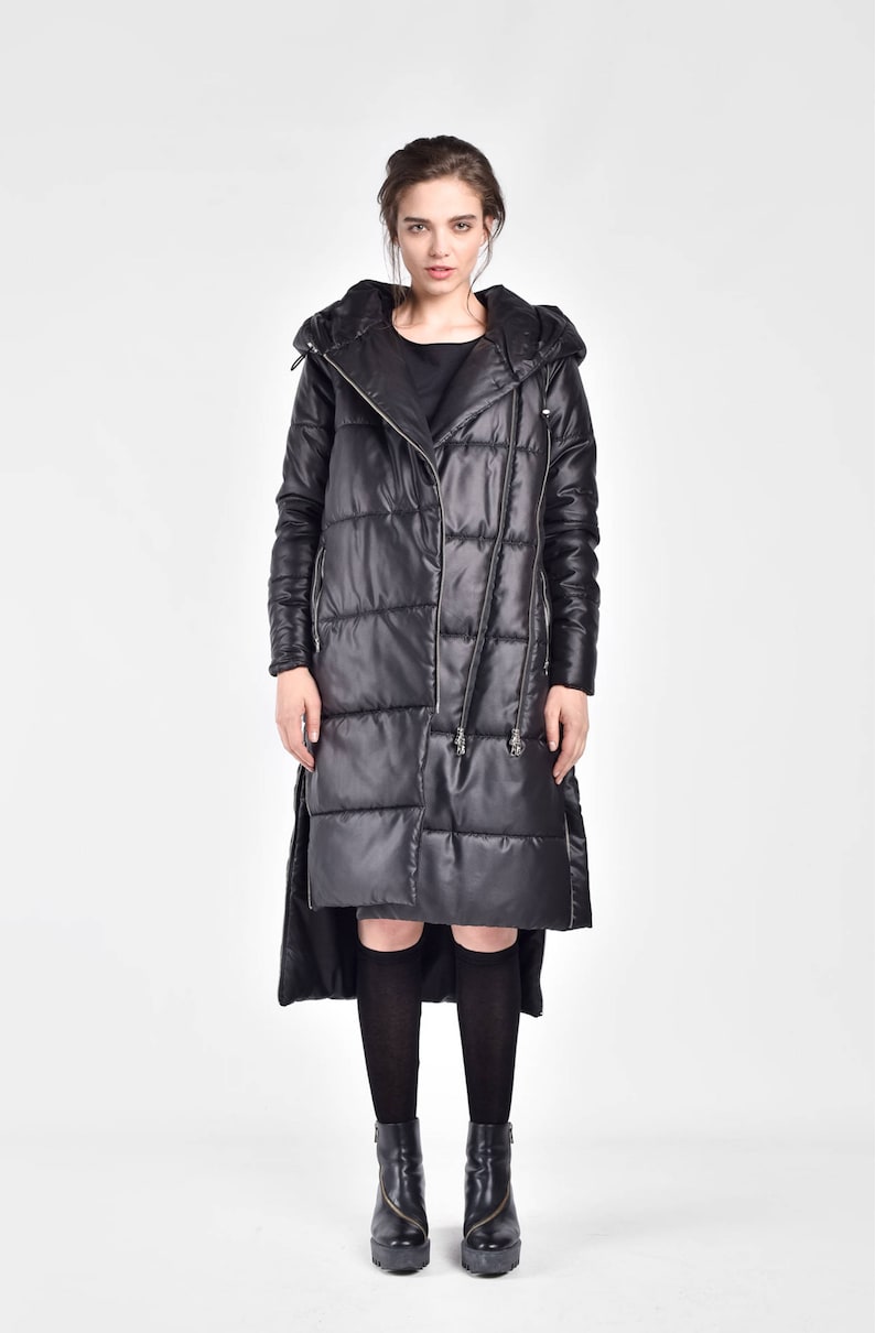 NEW Winter Coat Asymmetric Black Quilted Hooded Coat by Aakasha A20629 image 7