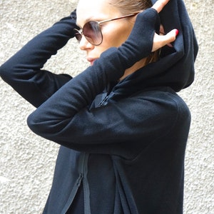 Oversize Black Vest  /Knit Hooded Cardigan / Maxi Fall Vest with Thumb Holes / Black Matte YKK Double Sided Zipper by  AAKASHA A06541