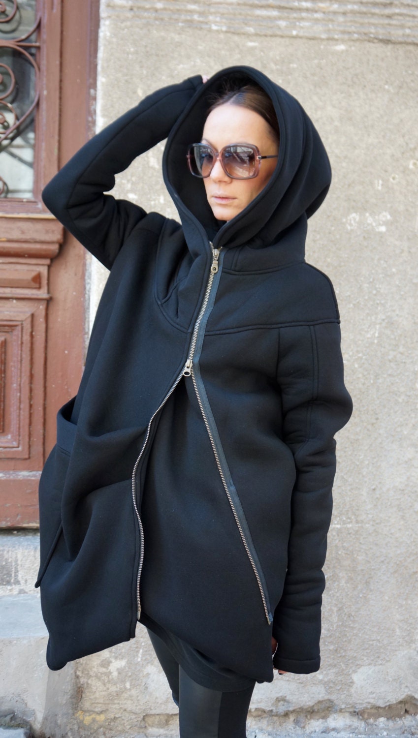 NEW Lined Warm Asymmetric Extravagant Black Hooded Coat / - Etsy Denmark