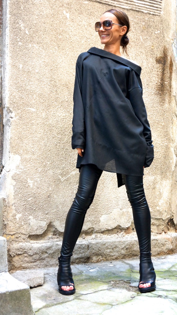 NEW COLLECTION Black Extra Long Leggings / Faux Leather Front / Viscose  Elastic Back by Aakasha A05139 