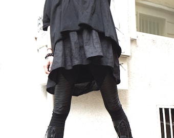 Tunique et haut asymétriques combinés / Haut décontracté ample oversize en lin noir / Robes extravagantes A12128