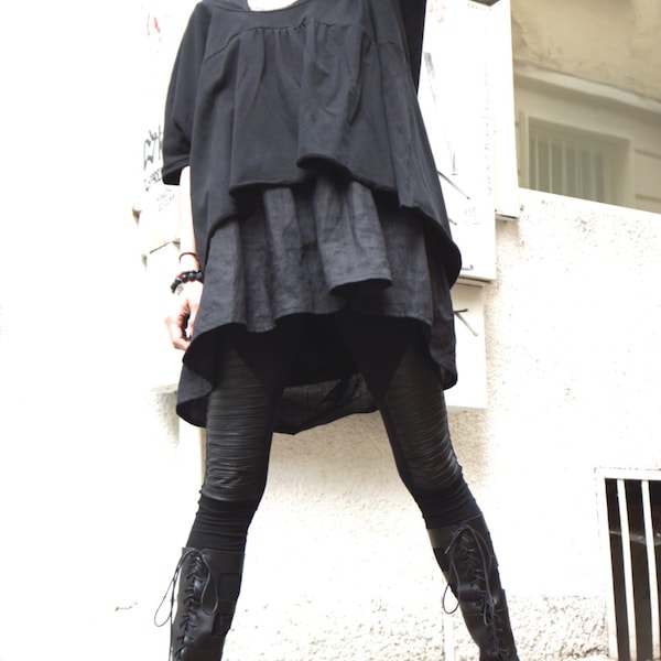 Asymmetrical Combo Tunic and Top / Oversize Black Linen  Loose Casual Top / Extravagant Dresses A12128