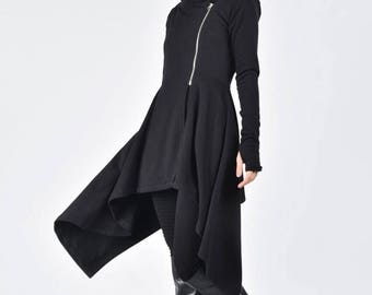 Black Warm Winter Coat Lined Asymmetric Extravagant Peplum Black Hooded Coat Fitted Sexy Cotton Jacket  Long Sleeves Thumb Holes A08631